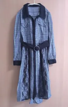 アクシーズファム ロングワンピース 長袖 チェック モノクロ レース