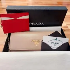 【美品】PRADAプラダ サフィアーノ 長財布 バイカラー ベージュ×赤