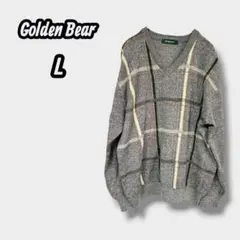 【ゴールデンベア】ニット 長袖 Vネック チェック柄 ロゴ シンプル グレー L