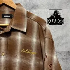 XLARGE エクストララージ 開襟チェックシャツ L 刺繍ロゴ ブラウン