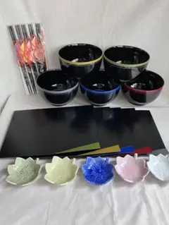 漆器風　多色使い 椀 箸 プレート 小皿 セットのサムネイル