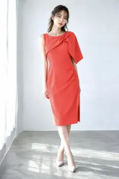 FEIMAN アシンメトリー ケープドレス レッド 赤 ひざ丈