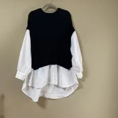 ニットベスト ドッキングシャツ 長袖 ブラック ホワイト