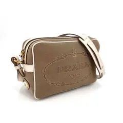 【美品・レア】プラダ ショルダーバッグ ジャガード 三角ロゴ 白タグ ベージュ