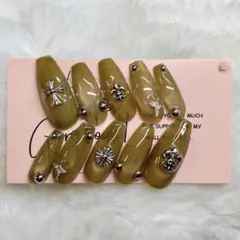 ネイルチップ　現品　海外ガール　グランジ　カーキ　クロム　マグネット　ビー玉