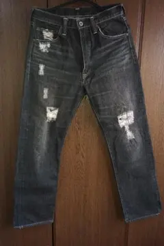 ポストオーバーオールズ　デニム　ジーンズ　ブラック　ダメージ　加工