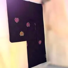 花柄刺繍 　紺色　道行 羽織 絹　アンティーク品