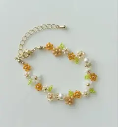 #103 ♡大人気♡ハンドメイドフラワービーズブレスレット✽オレンジカラー