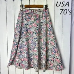 USA古着 70s フェード小花柄 薄手コットン 巻きラップフレアスカート