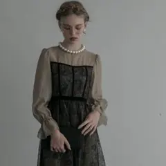 BONLECILLnoirベロアパイピングキャンディスリーブフラワーレースドレス