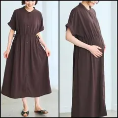 新品・激安！麻調合繊 スキッパ― ドロストシャツワンピース マタニティ 茶 Ｍのサムネイル
