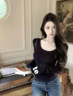 SHEIN 長袖カットソー ブラック 袖ロゴ入り Mサイズ