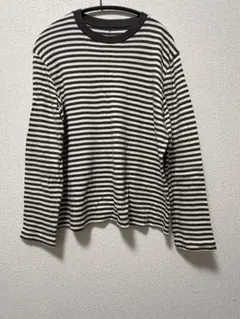無印良品　スムース編みクルーネック長袖Ｔシャツ婦人ＸＬ・ダークグレーストライプ