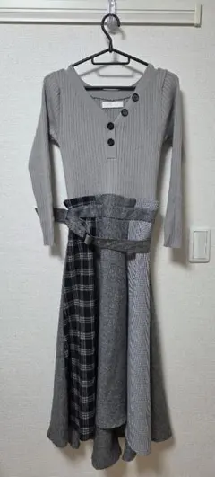 CECIL McBEE　ドッキングワンピース 長袖 チェック柄 グレー