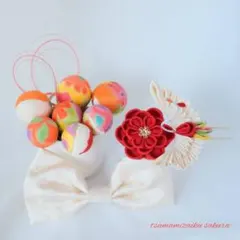 １点モノ】絹の鶴と和玉の豪華セット　リボン大輪＊虹色5七五三 753ヘッドドレス