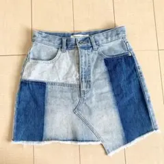 パッチワーク風デニムミニスカート　台形スカート