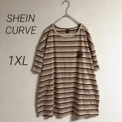 SHEIN CURVE レディース半袖Tシャツ 1XL くま ボーダー ゆったり