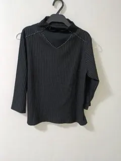 Kafuv 黒 リブ編み 7～8分袖丈 トップス ビジュー付き M～Lサイズ