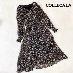 【コレカラ】ロングフレアワンピース 花柄 黒 　 袖シアー 透け感