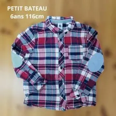 110　プチバトー　長袖シャツ　エルボーパッチ　チェック　赤