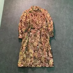 6AS1【ヴィンテージ】ベロア　総柄　ハイネックワンピース　古着 used
