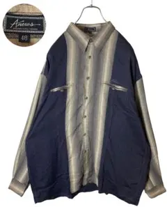 日本製レトロ古着オンブレストライプ切り替えデザインテロテロ素材シャツゆったり