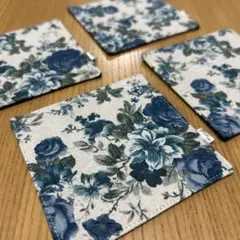 ハンドメイド　コースター　 ナチュラルローズ　ブルー② ４枚セット
