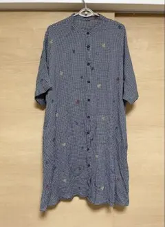 ギンガムチェック 刺繍 チュニック 五分袖　半袖ワンピース　ゆったり大きいサイズ