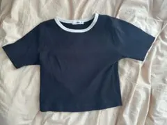 リブ編み 半袖Tシャツ 黒 白襟