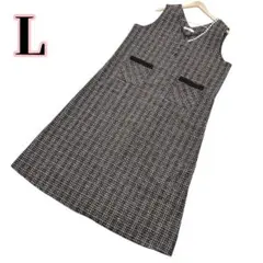 チェック柄 ジャンパースカート Lサイズ ウール風 深Vネック Aライン