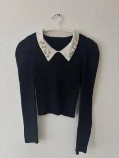 【美品】襟付き パール ニット トップス ブラック きれいめ 上品 デート服