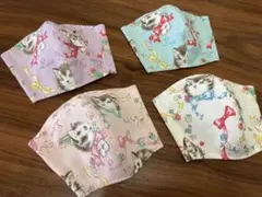 【送料無料】ハンドメイドマスク　子供用　入園入学準備　給食　子猫　4枚セット