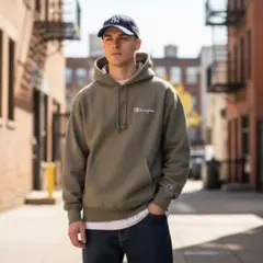 USA古着Championパーカーリバースウィーブ00sアメカジ短丈ベージュL