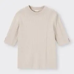 GUジーユー/ランダムリブセーター(5分袖) ハイネックニット ベージュ L