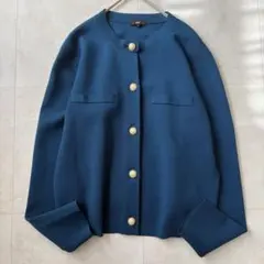 PLST レーヨンブレンドパールボタンノーカラーカーディガン L ブルー