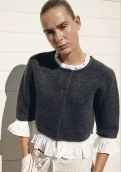 ZARA ポプリンコンビニットジャケット グレー フリル　お値下げ不可