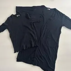 黒リブ編みTシャツ、黒5分袖薄手羽織り　セット