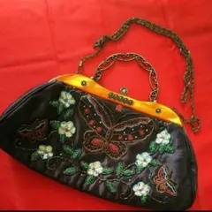 美品☆蝶刺繍 クラッチビーズパーティーバッグ