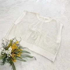 【ジーユー】GU メッシュバックリボンセーター ベスト 透け感 ホワイト S ●