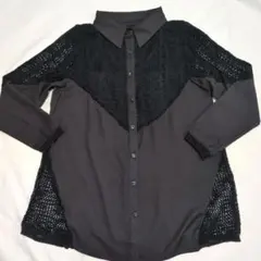 メッシュディテール黒長袖ロングシャツ　チュニック Aライン アウタータイプ