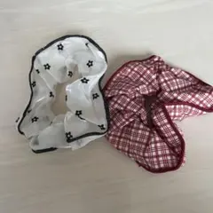 シュシュセット 白黒花柄 赤白チェック