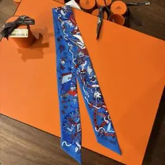 HERMES エルメス ツイリー ブルー系 シルク100% 箱・ショップ袋付き
