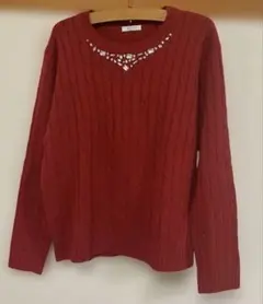 ケーブルニット ビジュー付き ボルドー L(ハニーハウス)
