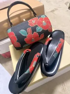 振袖用和装バッグ、草履　椿　エナメル　刺繍