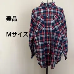【美品】トップバリュ/長袖/シャツ/柄/チェック/麻混/ネイビー/レッド