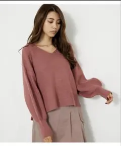 処分価格♡rienda ボリュームスリーブVネックニットトップス PINK