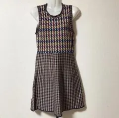 レトロ柄切り替えニットワンピース 膝丈ワンピ マルチカラー ミニ チェック