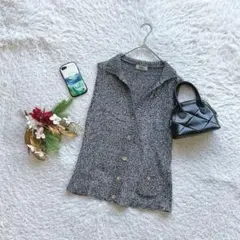 ニットベスト ミックス編み レイヤード M 綿 ボタン止め 着回し カジュアル