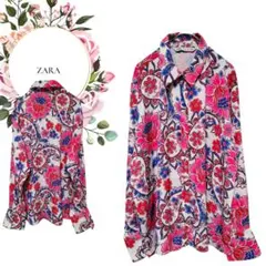 【ザラ】ZARA♡フラワープリント♡長袖シャツ前ボタンサテン風【L】鮮やかピンク