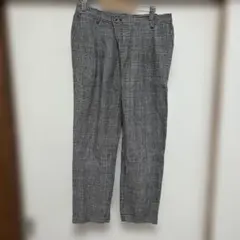 リネン　ウール混　白黒チェック カジュアルパンツ